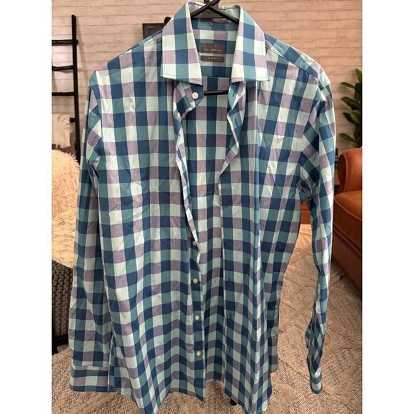 Calibrate Trim Fit Non-Iron Blue and Teal Plaid Mens Dress Shirt Size 15.5 - Picture 1 of 6